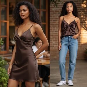 Forever 21 Brown Satin Slip Dress Small Soft Goth Y2K Romantic Twist Front Mini